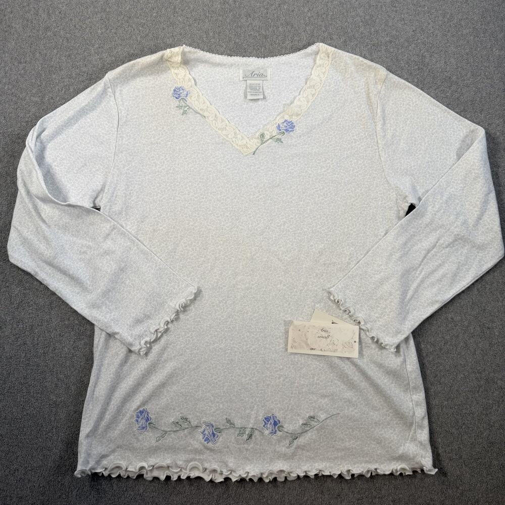 Aria Women's Small Blue Floral Embroidered Lace Trim Cotton Sleepwear Top NWT